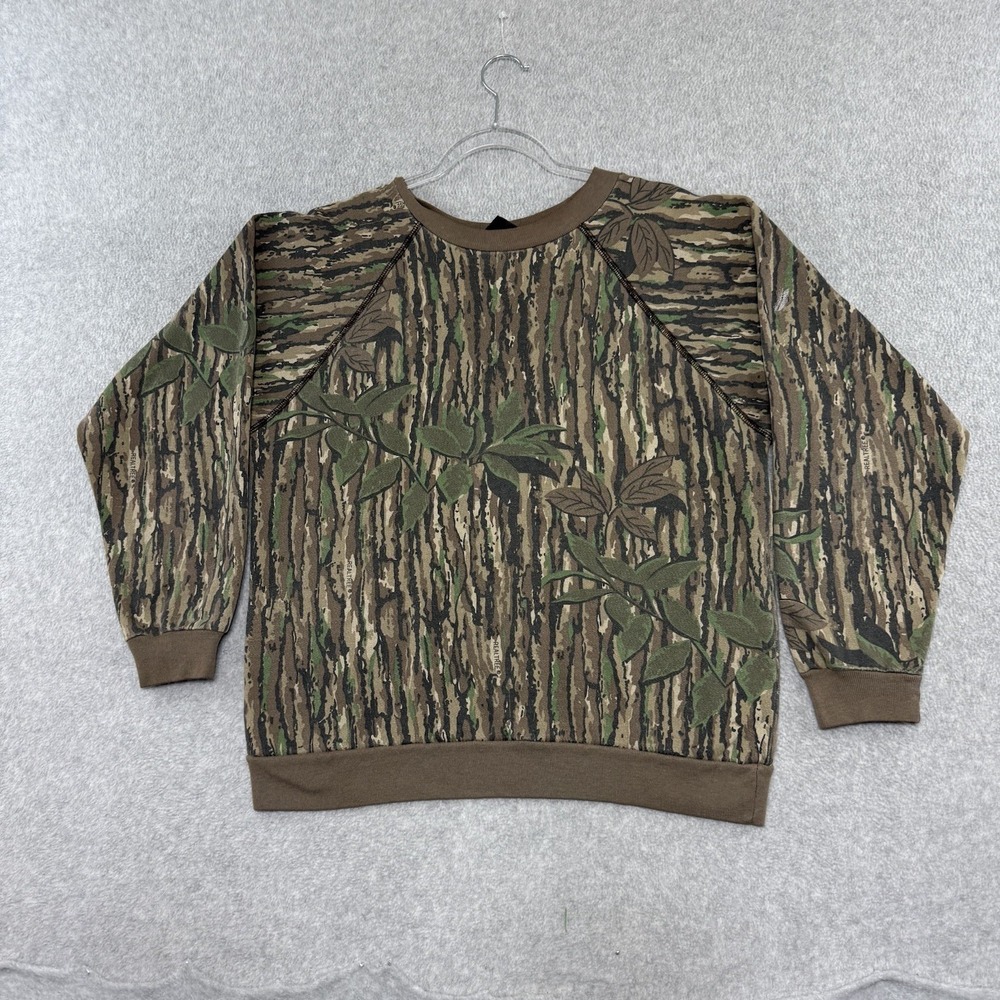 Vintage 80s Mens Brown Camouflage Crew Neck L Sweatshirt Cotton Liberty Large
